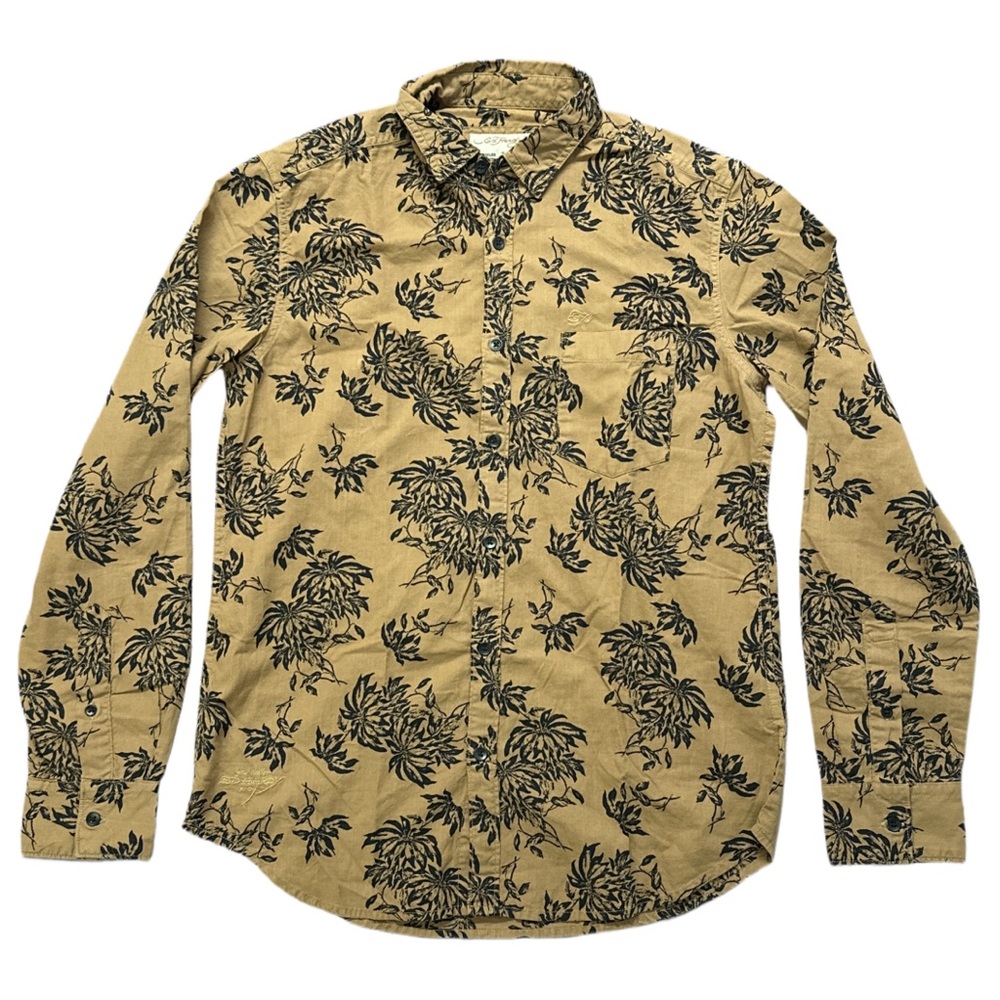 Y2K ED HARDY men's dark tan tropical floral button up shirt, S.